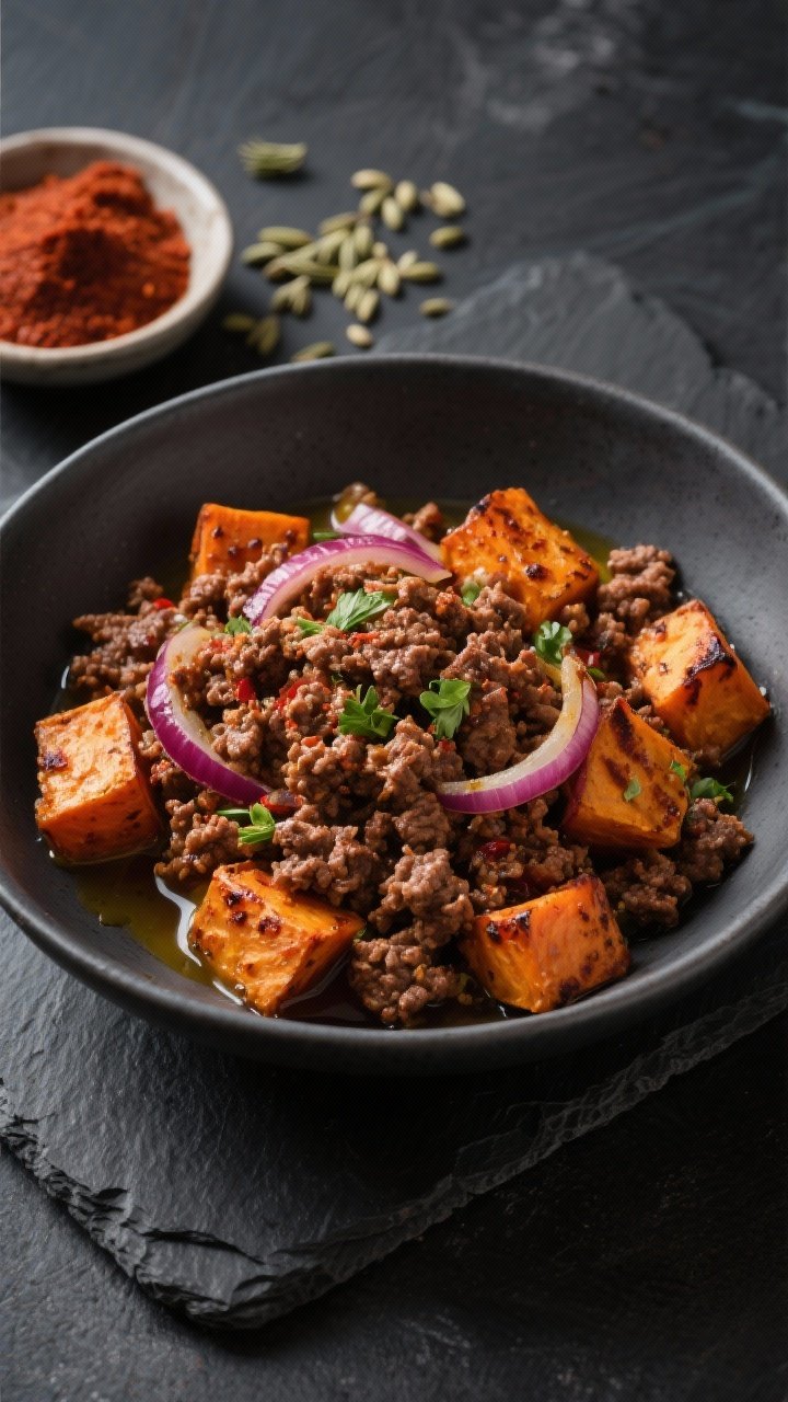 Overhead bowl composition: harissa beef and roasted sweet potato bowls featuring spiced ground beef (harissa, coriander, cumin) crumbled over a bed, caramelized cubes of roasted sweet potato and roasted red onion slices, drizzle of olive oil; deep warm tones, roasted char spots, a small dish of extra harissa and scattered coriander seeds on a dark slate surface.