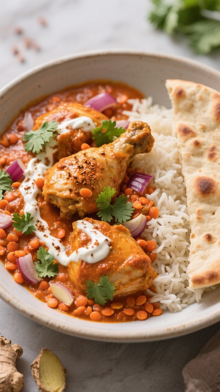 Overhead bowl of lightened-up red lentil butter chicken: tender chicken thigh pieces in a creamy tomato sauce with red lentils, onion, garlic, fresh ginger, and warm spices; swirls of yogurt, cilantro leaves, and a dusting of garam masala; served with basmati rice and warm naan on the side; rich saffron-orange hues with soft, diffused light for a comforting feel.
