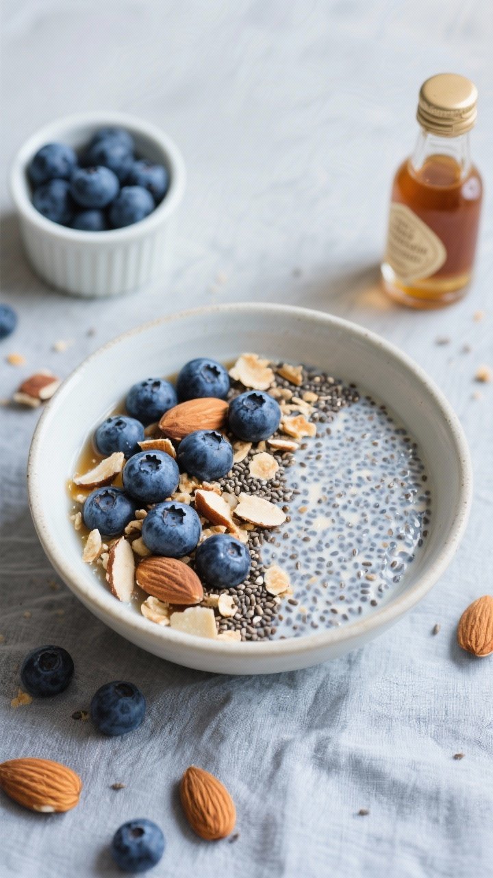 Overhead bowl shot focusing on texture: blueberry almond crunch chia pudding made with almond milk and maple syrup, perfumed with almond extract; topped generously with fresh blueberries (some burst), toasted almond slivers, and a few chia seeds scattered; cool-toned linen, small ramekin of blueberries and a bottle of almond extract in frame for context.