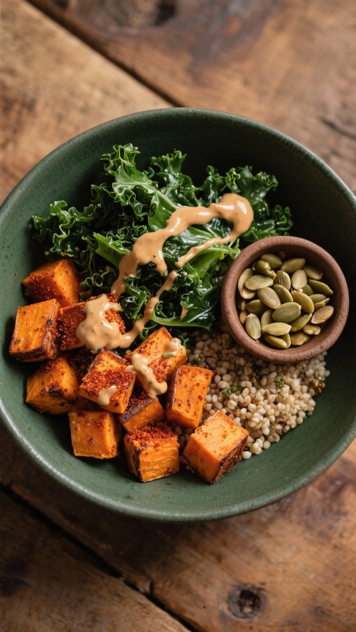 Overhead composed power bowl: roasted sweet potato cubes dusted with smoked paprika and cumin, massaged curly kale with a light olive oil sheen, quinoa base optional background, generous drizzle of tahini maple sauce over the top; toasted pepitas in a small ramekin; earthy tones with pops of orange and deep green, matte ceramic bowl on a wooden table.
