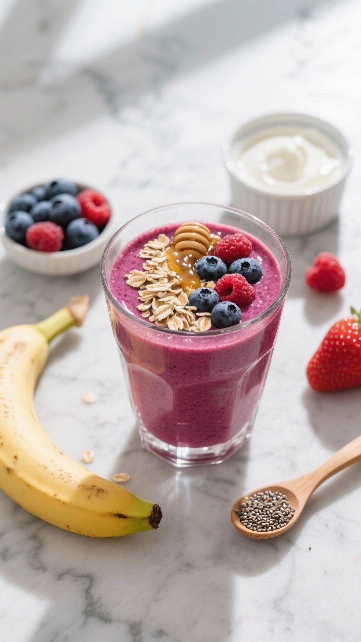 Overhead flat lay of a vibrant Berry Oat Bliss smoothie in a clear glass, deep magenta hue from frozen mixed berries, topped with a sprinkle of rolled oats, chia seeds, and a drizzle of honey; surrounding props include a small bowl of frozen blueberries, raspberries, and strawberries, a peeled small banana, a ramekin of Greek yogurt, and a wooden spoon with chia seeds, all on a cool marble surface, soft natural window light, crisp shadows, no people.