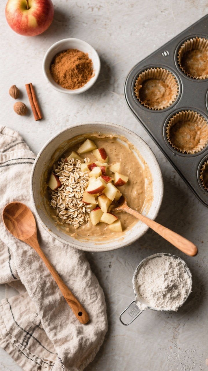 Overhead flat lay of apple cinnamon oat muffin prep: mixing bowl with batter folded with diced apples and old-fashioned oats visible, spices (cinnamon, nutmeg) in pinch bowls, brown sugar and flour measured, muffin tin lined and ready; cozy autumn palette, linen towel, wooden spoon, natural diffused light.