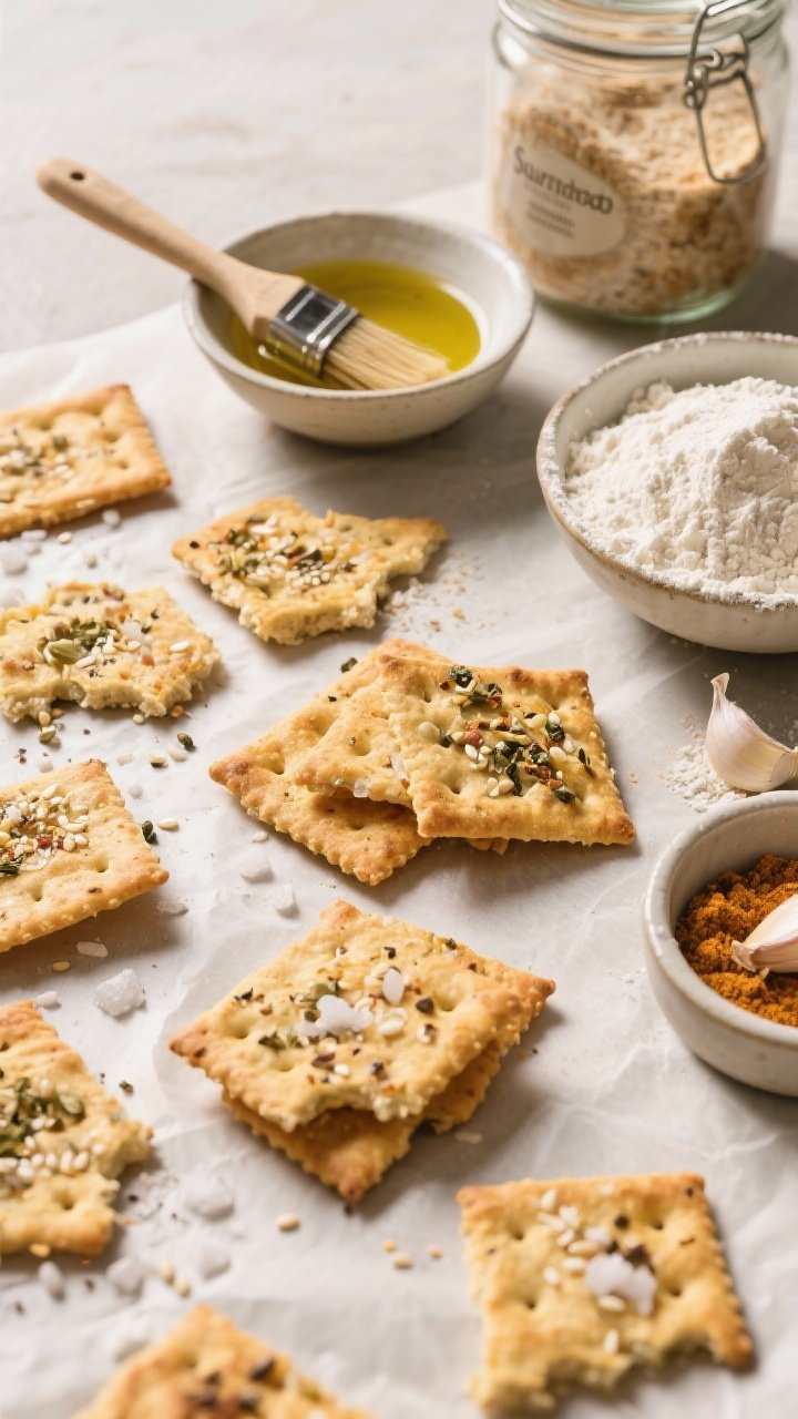Overhead flat lay of thin, golden sourdough discard crackers scattered on parchment, some topped with flaky salt, sesame seeds, and everything seasoning; a small bowl of olive oil with a pastry brush, a mound of all-purpose flour, garlic powder in a pinch bowl, and the sourdough discard jar nearby; crisp, high-contrast light to emphasize snap and blistered surfaces.