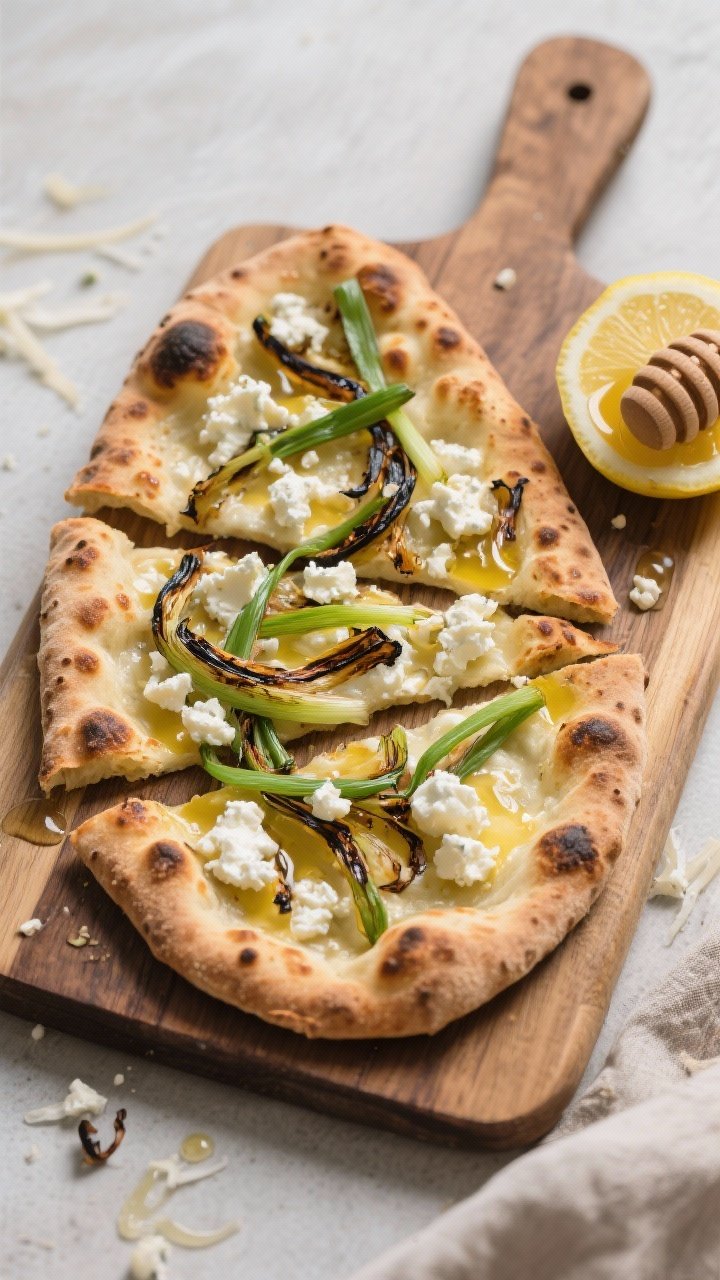 Overhead flatbread on board: Charred scallion and goat cheese flatbread—bubbled, blistered pizza dough brushed with olive oil, ribbons of charred scallions, tangy crumbles of goat cheese and a light layer of shredded low-moisture mozzarella; finished with a drizzle of lemon honey; sliced on a wooden peel with lemon half and honey dipper to the side.