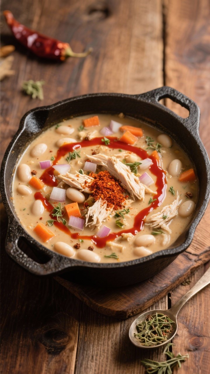 Overhead hearty scene of Smoky Creamy Chicken and White Bean Soup: creamy broth with smoked paprika and cumin, white beans and shredded chicken throughout, diced onion and carrot, dried oregano and minced chipotle in adobo lending a deep red swirl; garnished with a drizzle of chipotle crema and a pinch of paprika, set in a cast-iron pot on a wooden table.