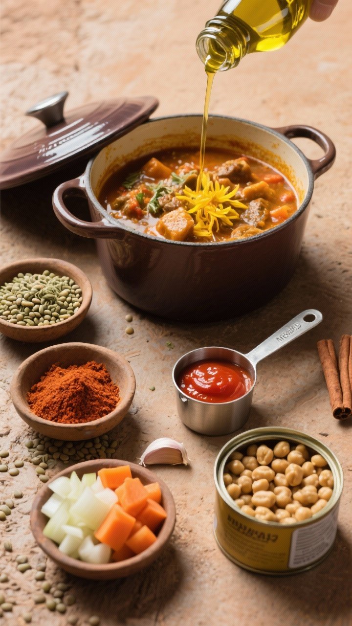 Overhead ingredient-prep flat lay for a Moroccan stew on a textured earthen surface: small bowls of ground cumin, ground coriander, paprika, and cinnamon; diced onion and carrots, minced garlic, tomato paste dollop, a measuring cup with dried lentils, and a can of chickpeas ready to go; a Dutch oven partially in frame with olive oil shimmering, rich saffron-toned styling to suggest aromatic warmth.