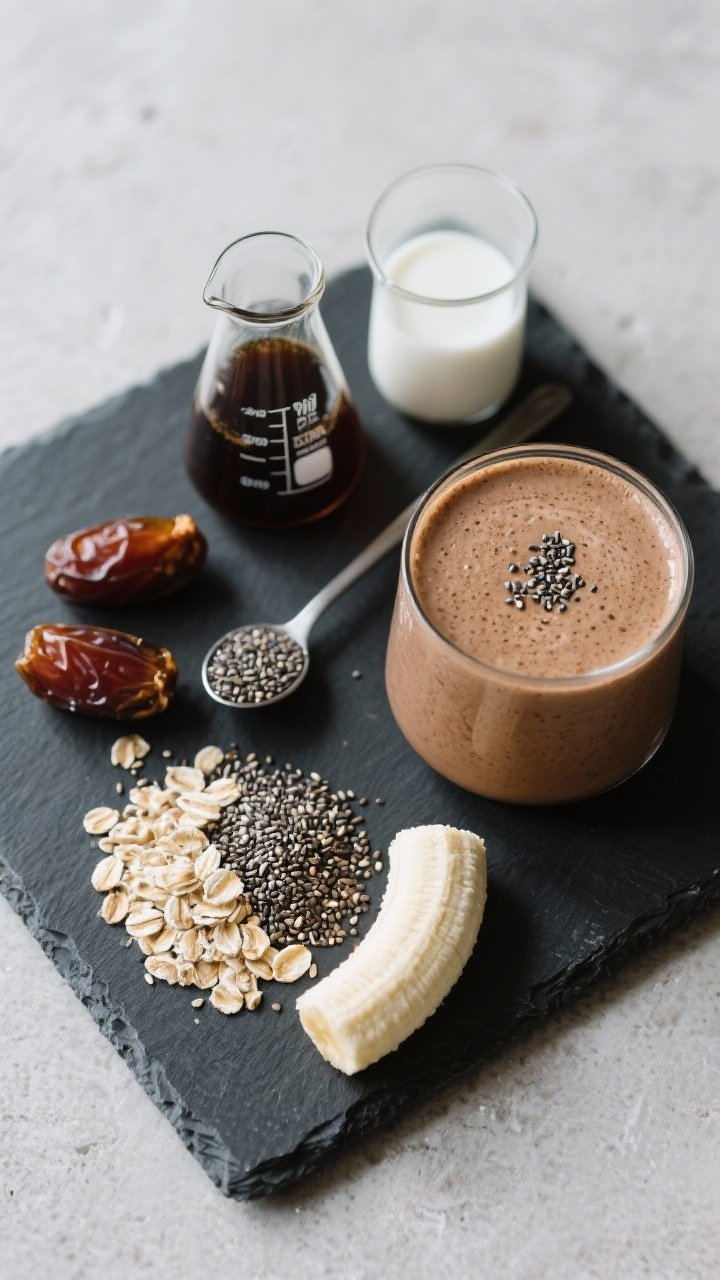 Overhead ingredient prep shot for a Creamy Coffee-Date Breakfast smoothie: neatly arranged on a dark stone board are a small beaker of strong cold brew, unsweetened almond milk, two pitted Medjool dates, a scoop of rolled oats, chia seeds, and half a frozen banana; beside them, a finished latte-brown smoothie in a low glass with micro-foam-like surface and a few chia seeds on top; modern, cafe style.