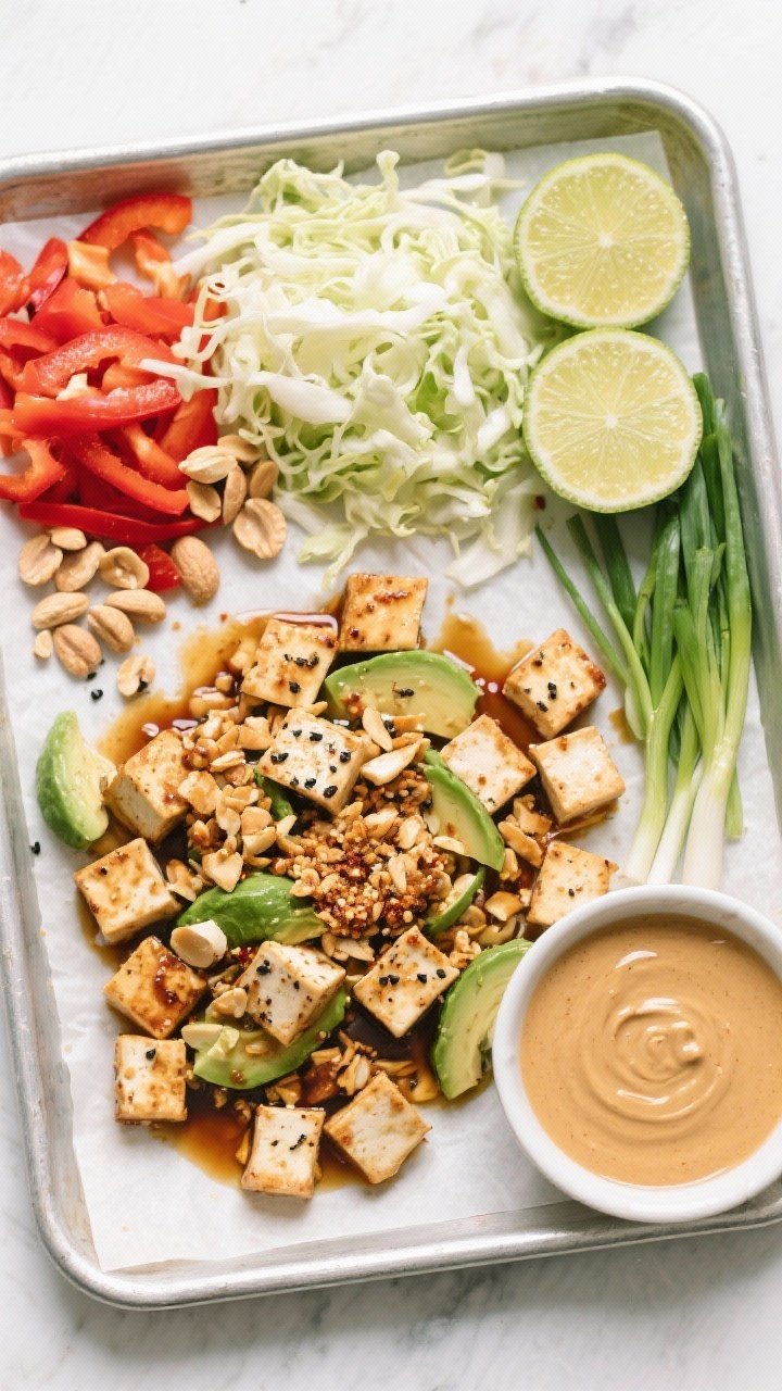 Overhead ingredient-prep shot for Spicy Tofu and Peanut Crunch Bowls: extra-firm tofu cubes tossed with avocado oil, tamari/soy sauce, garlic powder, and black pepper on a parchment-lined sheet pan, alongside neat piles of shredded cabbage, thinly sliced red bell pepper, chopped peanuts, lime wedges, and scallions; small bowl of peanut sauce in frame, bright and crisp styling.