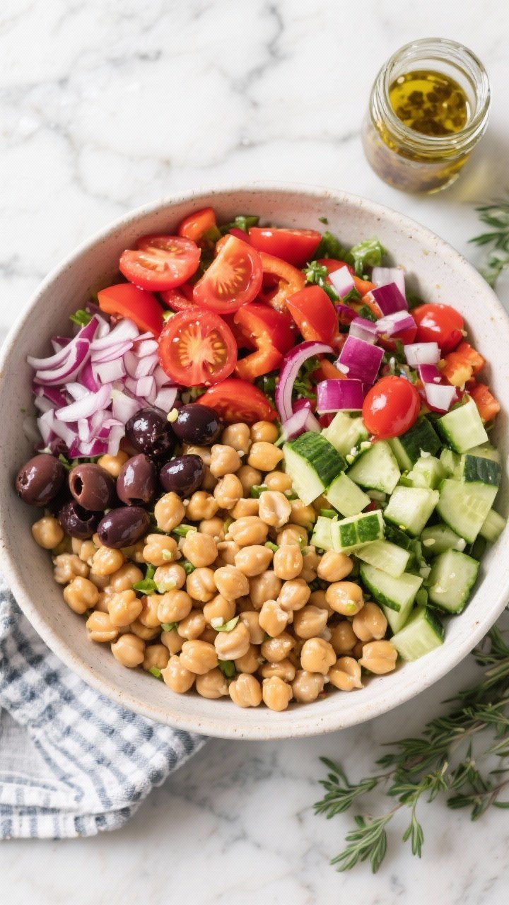 Overhead ingredient-to-bowl transition for Mediterranean chickpea chopped salad: large mixing bowl filled with chickpeas, diced English cucumber, diced red bell pepper, halved cherry tomatoes, finely chopped red onion, and Kalamata olives; herbs and a small jar of zesty dressing off to the side; vibrant, crisp textures, marble surface, clean styling emphasizing rainbow colors.
