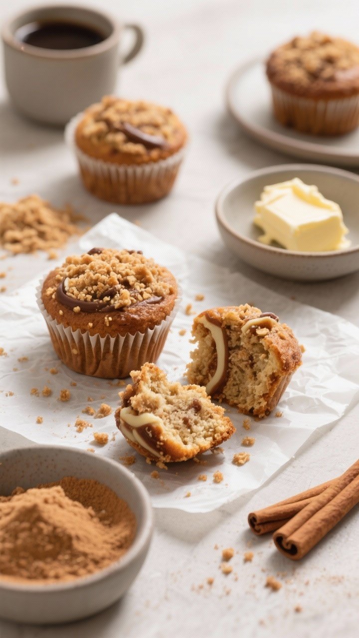 Overhead ingredient-to-finish storyboard: cinnamon streusel coffee cake muffins on parchment, some whole and some cut to show cinnamon ribbon and crumbly streusel topping; bowls of cinnamon sugar and buttery streusel crumbs scattered around; warm café vibe, matte ceramics, soft morning light highlighting the crumb.