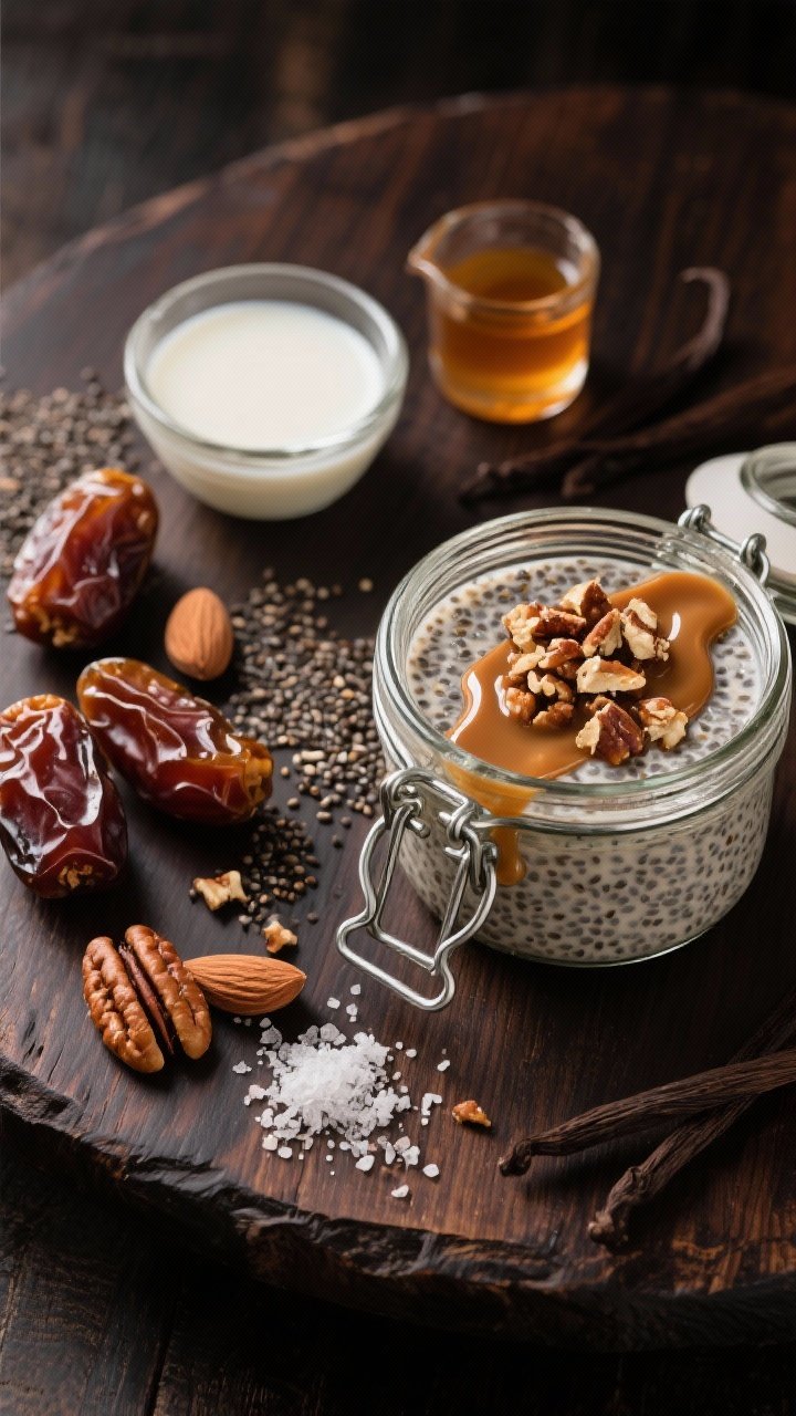 Overhead ingredient-to-finish storyboard: on the left, soaked Medjool dates, almond milk, chia seeds, maple syrup, vanilla extract, and flaky sea salt; on the right, the finished salted caramel pecan chia pudding in a glass jar, topped with chopped toasted pecans and a glossy date-caramel ribbon; dark walnut surface, controlled highlights to emphasize caramel sheen and nut texture.