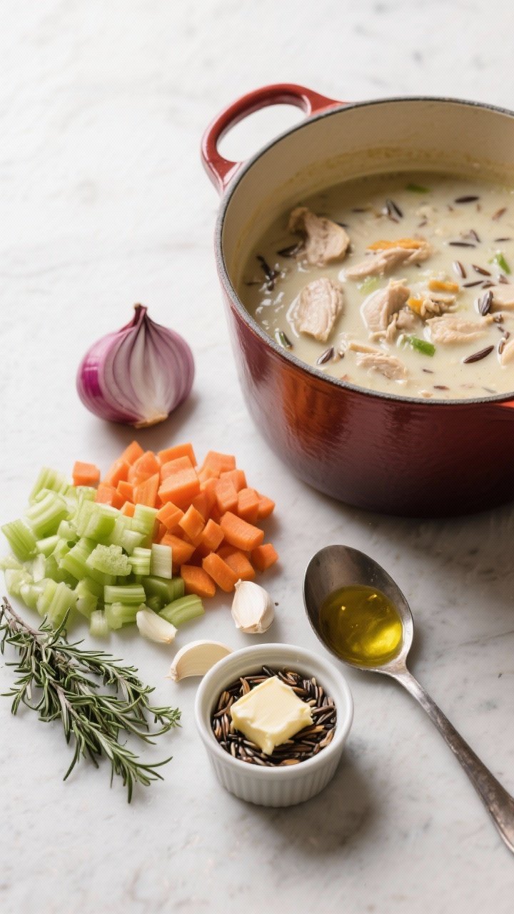 Overhead ingredient-to-pot scene for Creamy Chicken and Wild Rice Soup: diced onion, carrots, celery, minced garlic, dried rosemary and thyme arranged next to a Dutch oven where butter and olive oil glisten; a ladle resting on the side, wild rice grains in a small ramekin, capturing the aromatic café-style comfort mood before the creamy base is added.