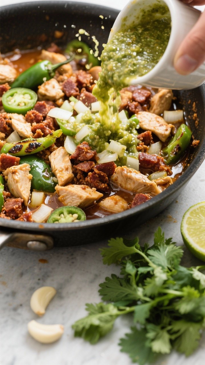 Overhead ingredient-to-pot transition for Chorizo & Chicken Chili Verde: browned crumbly Mexican chorizo and diced boneless, skinless chicken pieces in a sauté pan with diced onion, poblano, and minced garlic; tomatillo salsa verde being poured in, splashing onto the sizzling mix; flecks of char on peppers, little pools of rendered chorizo fat; fresh cilantro and lime off to the side; energetic, green-tinged palette.
