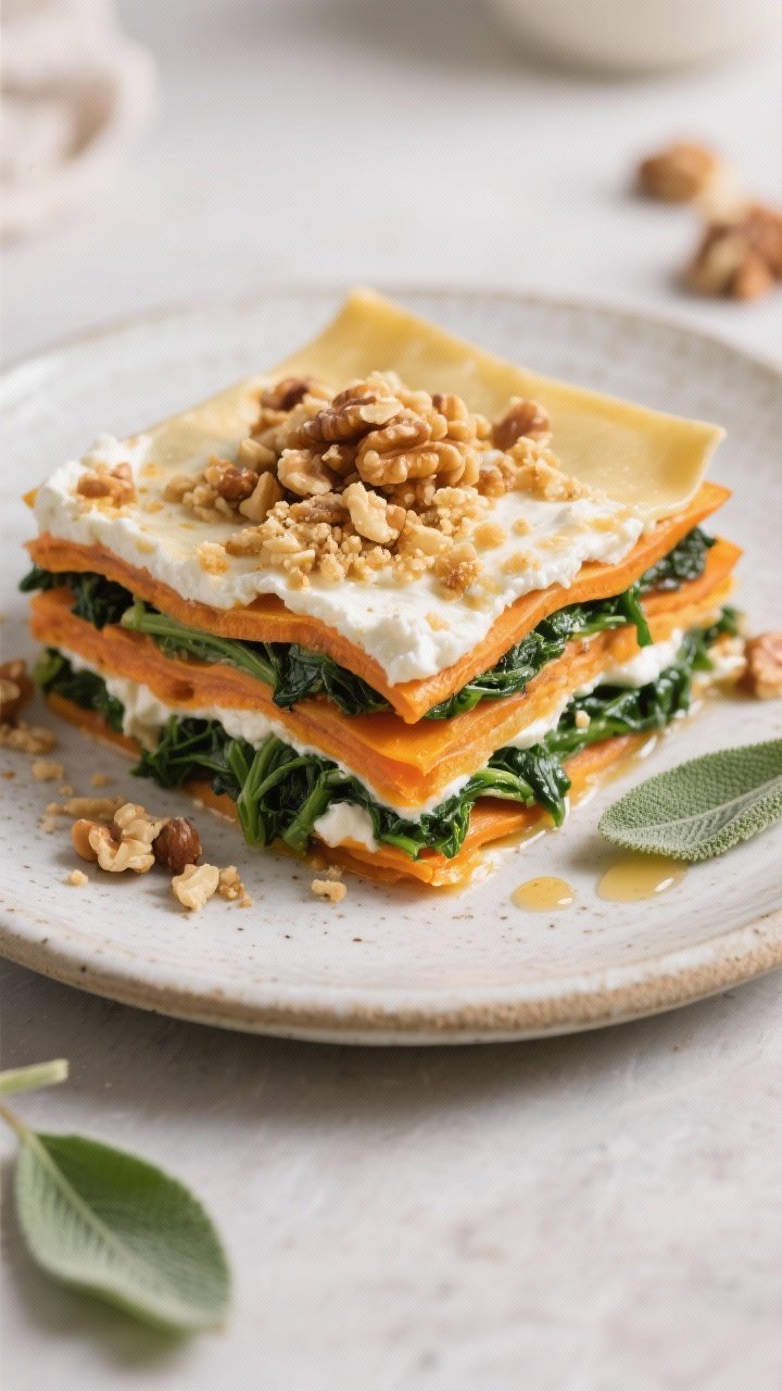 Overhead layered Sweet Potato, Kale, and Ricotta Lasagna with Walnut Crumble: thin rounds of sweet potato alternating with garlicky sautéed kale, ricotta and cottage cheese mixture, topped with a golden walnut crumble; neat square slice plated on a stoneware plate showing distinct orange, green, and creamy white layers; honeyed light, sage leaves scattered.