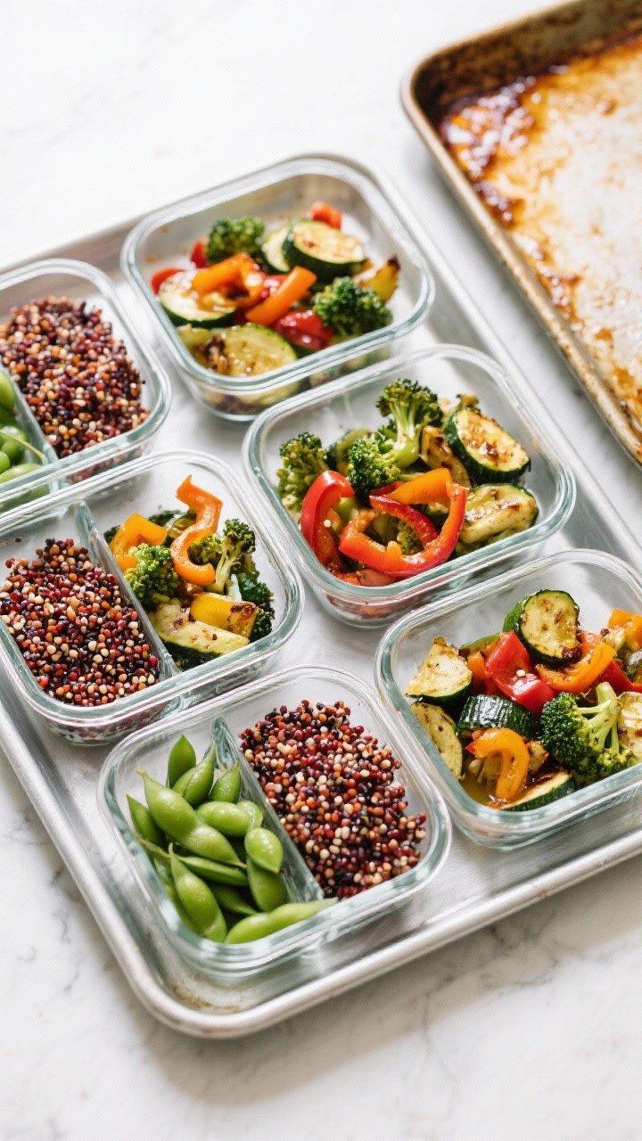Overhead meal-prep scene of Red Quinoa, Edamame, and Roasted Veg Power Boxes: red/tri-color quinoa fluffed in compartments with roasted broccoli, bell pepper, and zucchini tossed in olive oil, salt, and pepper; bright green shelled edamame added for pop. Four glass containers aligned on a sheet pan, roasting tray with caramelized edges nearby, clean modern styling, vibrant contrasts, healthful energy.