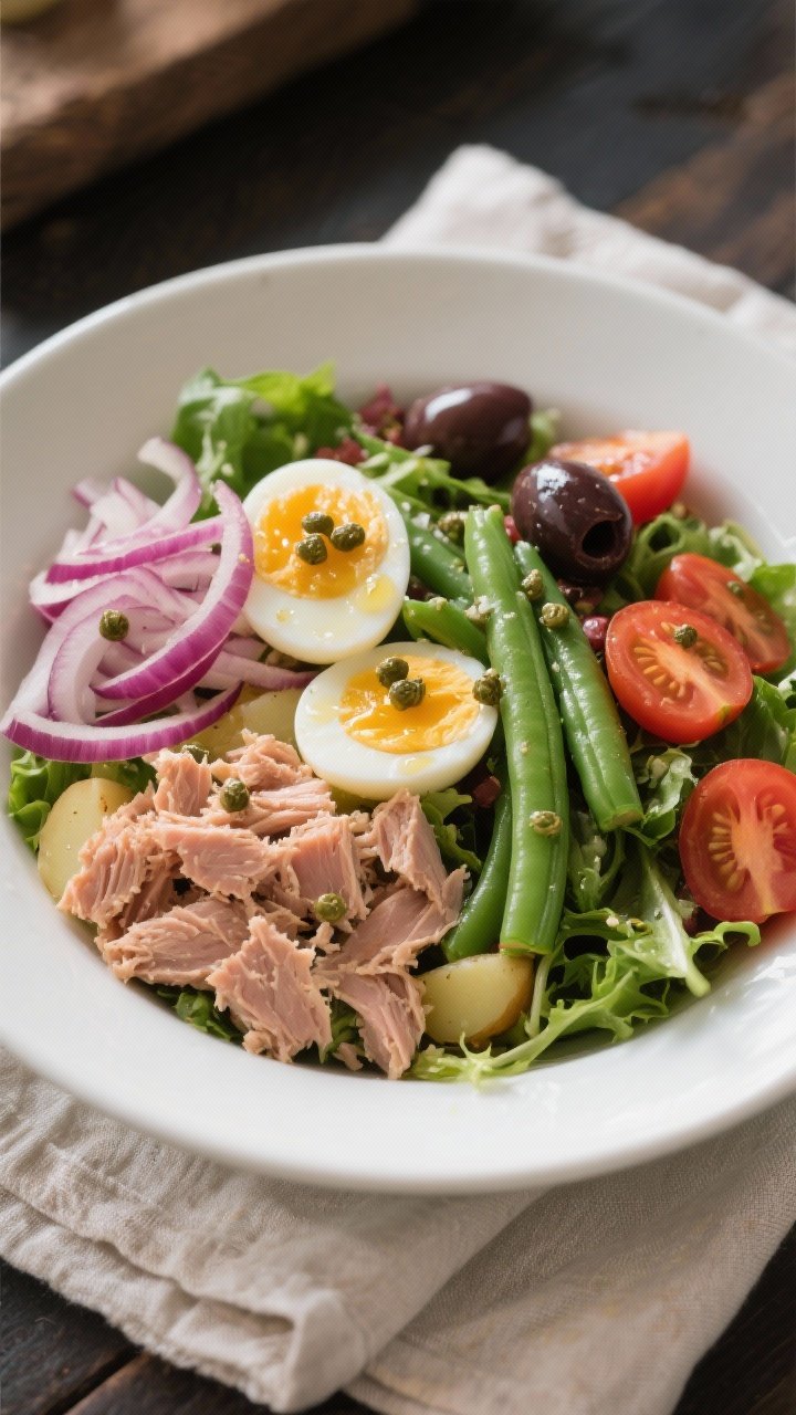 Overhead Niçoise-style Tuna Salad (no potatoes): olive-oil packed tuna flakes, jammy 7–8 minute eggs halved, blanched green beans, mixed salad greens, halved cherry tomatoes, and Kalamata or Niçoise olives arranged in composed sections; a small mound of thinly sliced red onion and capers, light vinaigrette sheen, arranged in a shallow white bowl on a linen napkin.