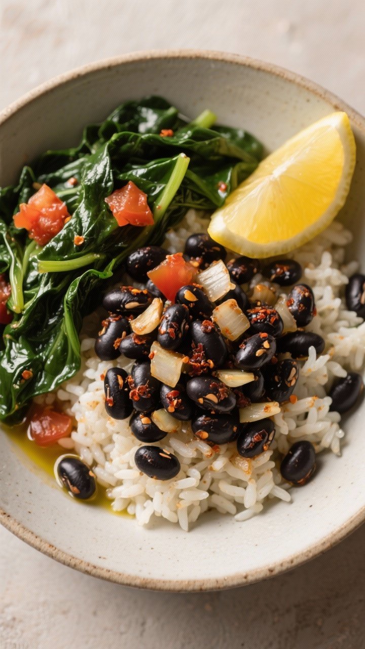 Overhead plated rice bowl featuring spiced black-eyed peas and collard greens: fluffy rice base topped with black-eyed peas sautéed with diced onion, minced garlic, smoked paprika, and a touch of cayenne, plus tender ribbons of collard greens; jeweled with bits of canned diced tomatoes; drizzle of olive oil, lemon wedge on the side, warm Southern-inspired color palette on a matte ceramic bowl.