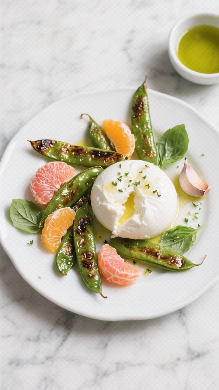 Overhead plated shot: Citrus-kissed burrata on a shallow white plate, surrounded by blistered sugar snap peas glistening in basil oil, segments of orange and pink grapefruit tucked around the creamy burrata, a smashed garlic clove off to the side, extra-virgin olive oil drizzled, torn basil leaves, micro zest speckles, on a cool marble surface with a small bowl of vibrant green basil oil nearby.