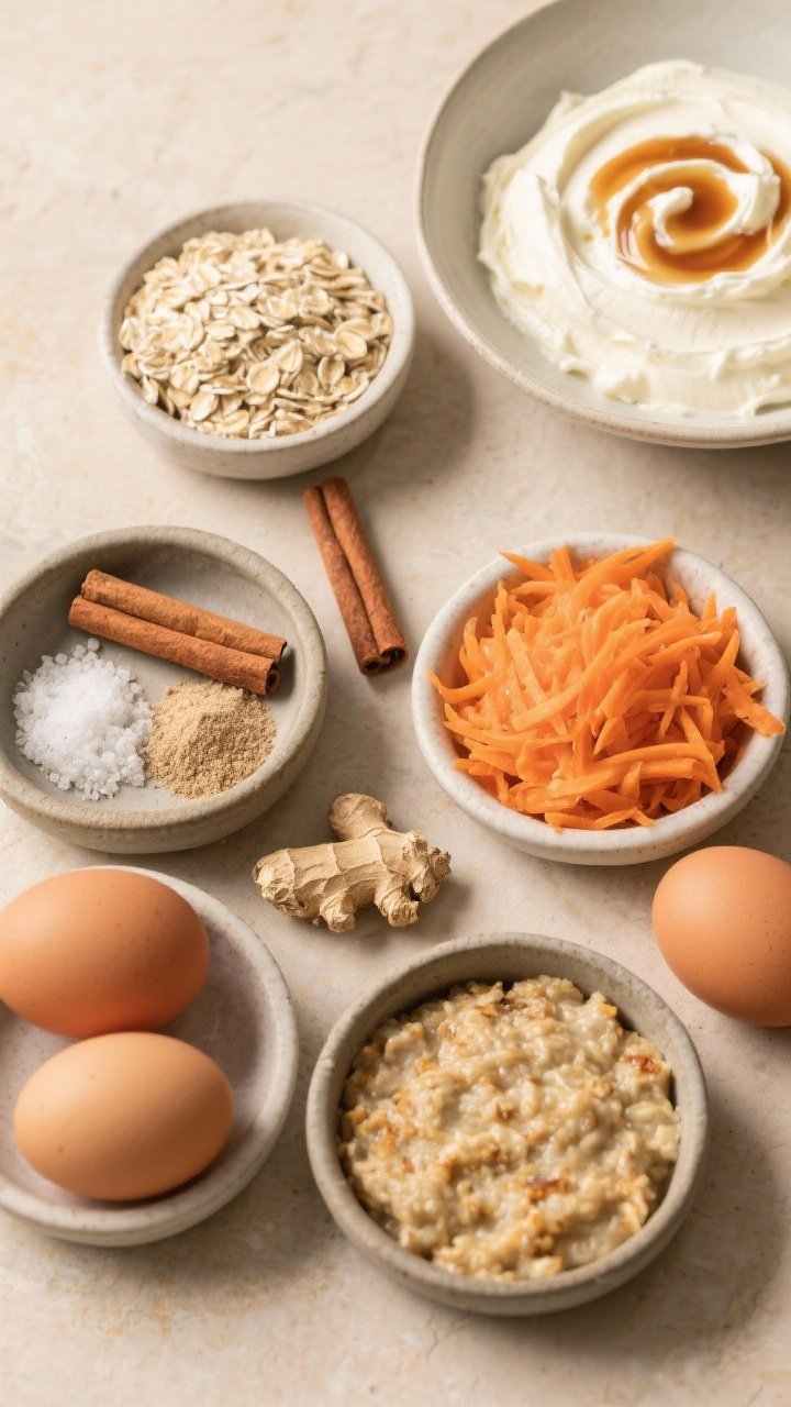 Overhead prep shot for carrot cake baked oatmeal: neatly arranged grated carrots, rolled oats, cinnamon, ginger, nutmeg, fine salt, baking powder, and eggs in small bowls, with a separate bowl holding a maple-sweetened cream cheese mixture ready for swirling; warm neutral surface, tidy styling, showing textures and colors of the spices and carrots.