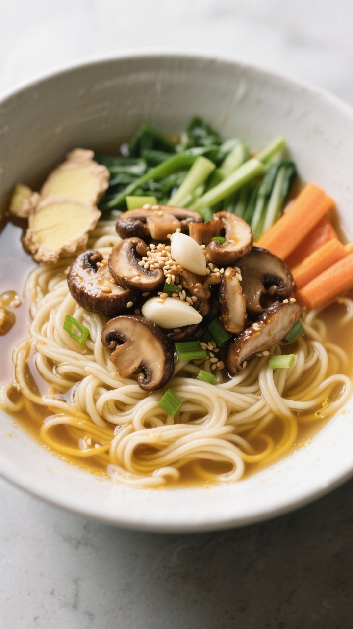 Overhead ramen bowl with miso-ginger broth: tangle of noodles in a deep bowl of steamy vegetable broth infused with white/yellow miso and fresh ginger; crispy sautéed cremini/shiitake mushrooms piled on top, garlic notes, drizzle of toasted sesame oil; neatly arranged veggies and scallions for garnish; clean, modern styling, high clarity.