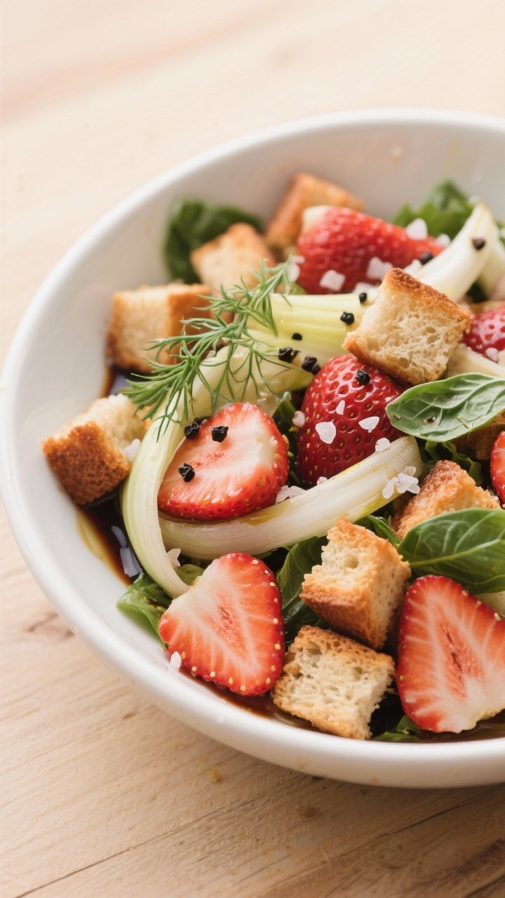 Overhead rustic salad shot: Strawberry-fennel panzanella in a wide white bowl—juicy halved strawberries, thinly sliced fennel and fronds, and bronzed 1-inch bread cubes toasted in olive oil; coarse kosher salt crystals visible, a sheen of balsamic reduction crunch drizzled over, scattered black pepper and torn basil, styled on a pale wood table.