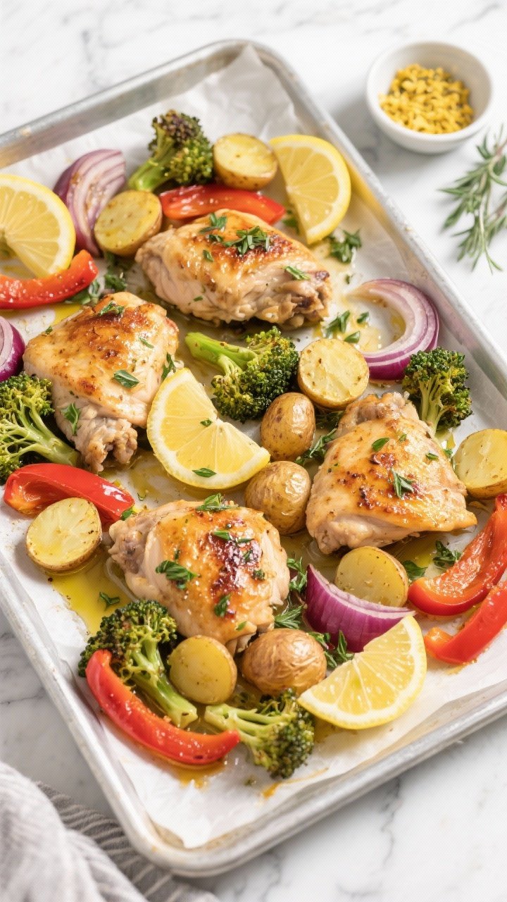 Overhead sheet-pan dinner on a parchment-lined metal tray: lemon herb chicken thighs cut into large chunks, golden baby potatoes (halved), red bell pepper strips, broccolini florets, and red onion wedges, all glistening with olive oil, lemon slices and fresh herbs scattered, crispy caramelization on edges, set on a light marble surface with a small bowl of lemon zest and thyme nearby, bright, clean lighting.