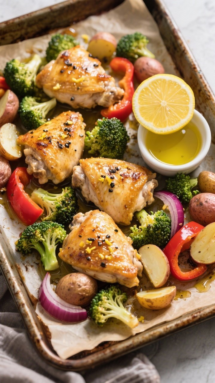 Overhead sheet-pan dinner shot: golden lemon-garlic roasted chicken thighs surrounded by broccoli florets, sliced red bell pepper, wedges of red onion, and halved baby potatoes, all glistening with olive oil and speckled with black pepper and lemon zest; a halved lemon and a small bowl of olive oil on the side; warm, natural light, crisp textures, on a parchment-lined rimmed pan over a rustic baking tray.