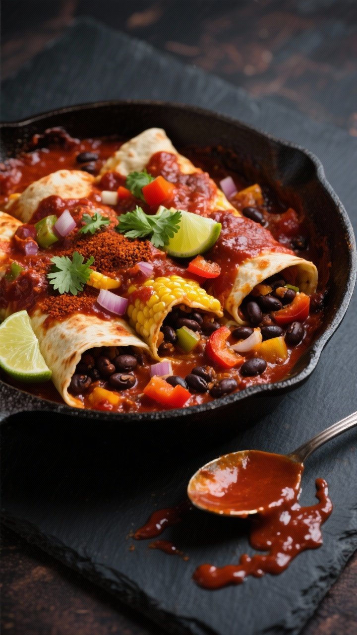 Overhead shot of a bubbling Smoky Chipotle Black Bean Enchilada Bake in a cast-iron skillet: black beans folded into saucy corn tortillas with diced bell peppers, onions, and minced garlic, coated in a deep red chipotle-in-adobo and smoked paprika sauce with cumin; garnished with cilantro and lime wedges, a spoon trail showing thick, glossy sauce, on a dark slate surface for moody Southwest vibes, no people.
