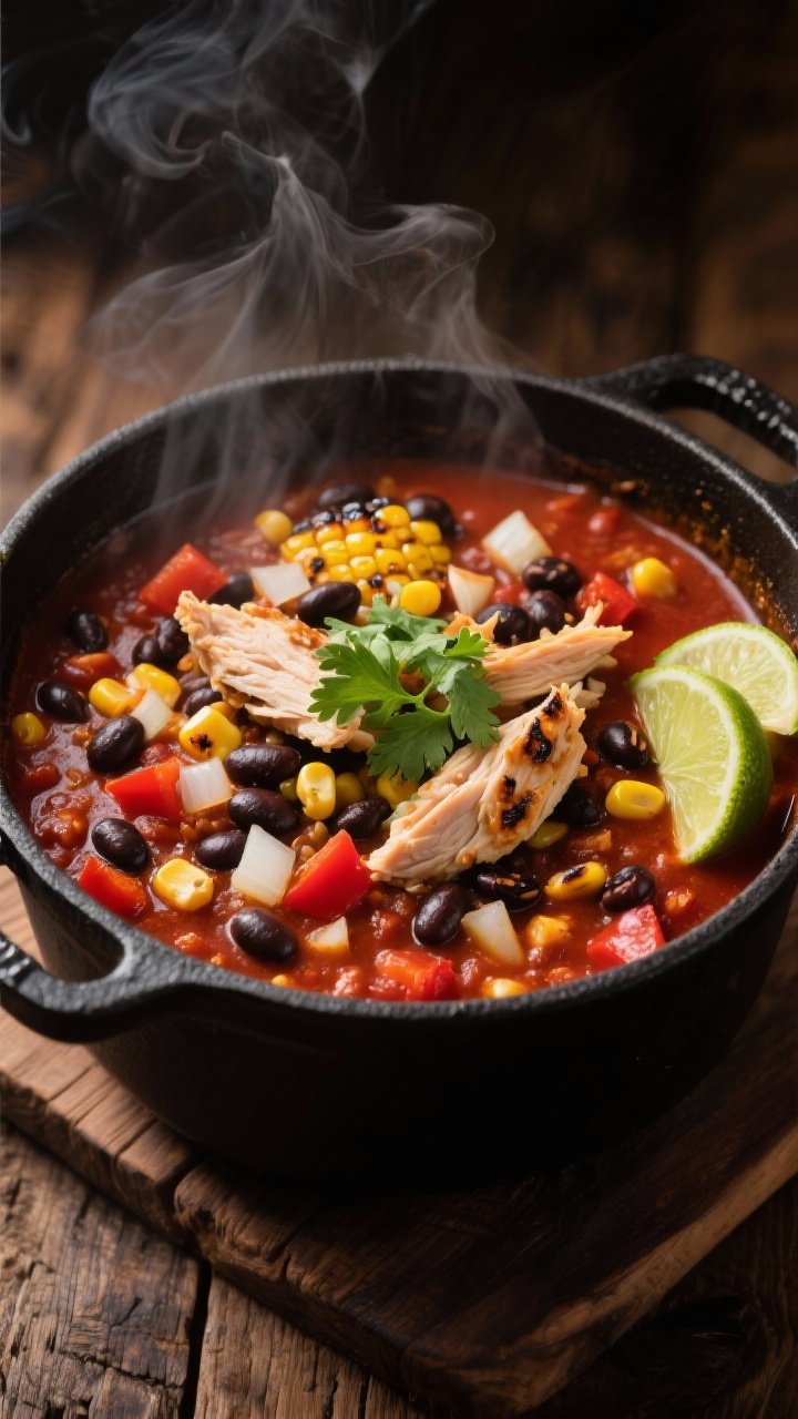 Overhead shot of a hearty fire-roasted chicken chili simmered in a matte black Dutch oven: shredded boneless skinless chicken breasts, black beans, charred corn kernels, diced yellow onion, red bell pepper, and minced garlic in a deep red tomato-chile base; garnished with chopped cilantro and lime wedges on the side; moody warm lighting highlighting smoky char and glossy beans; steam rising, no people, rustic wood surface.