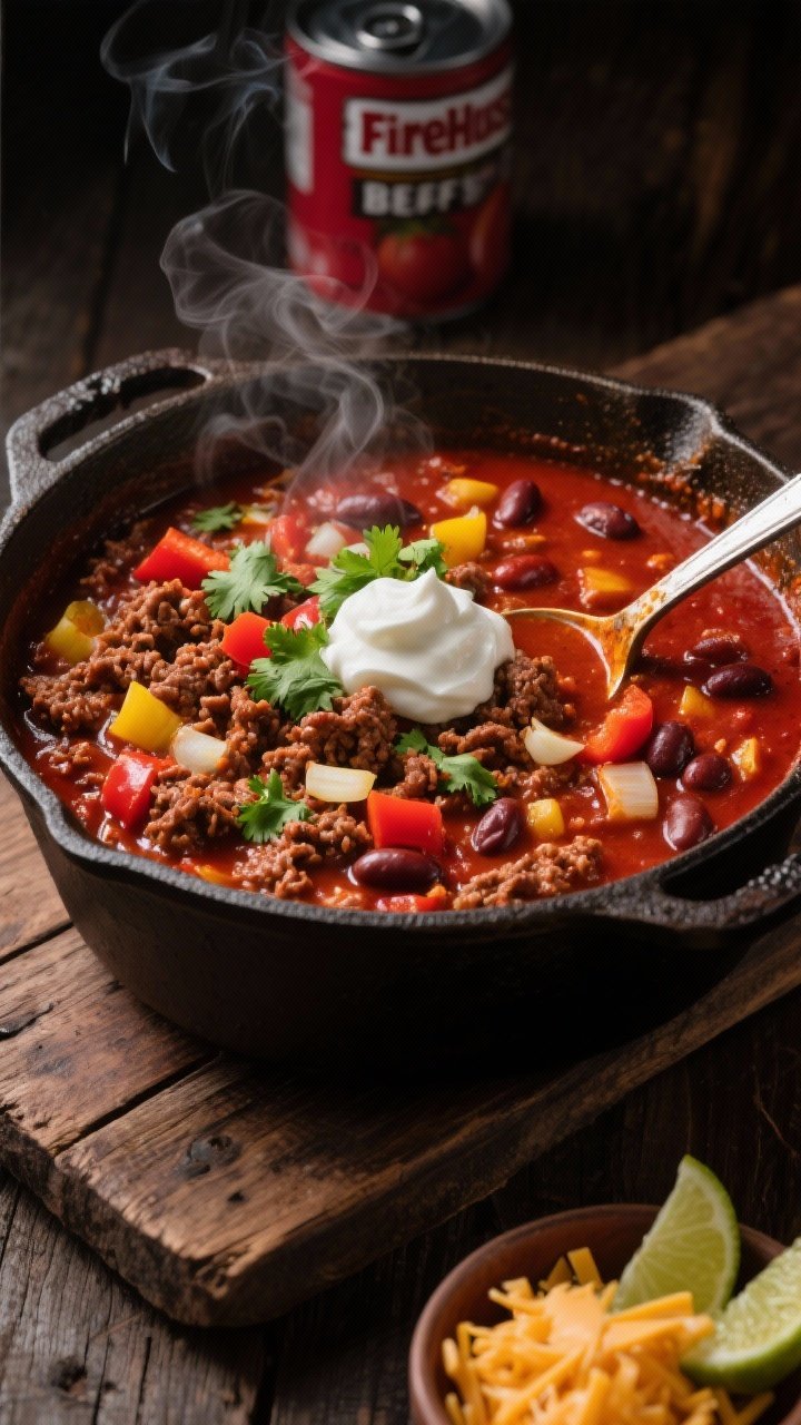 Overhead shot of a hearty Firehouse Beef & Bean Chili simmering in a seasoned cast-iron Dutch oven: lean ground beef crumbles, diced yellow onion, red bell pepper, minced garlic, streaks of tomato paste melting into a rich crimson base from a 28-ounce can of crushed tomatoes, kidney beans visible, garnished with chopped cilantro and a dollop of sour cream; smoky steam rising, ladle resting on the rim, set on a rustic wood surface with a small bowl of shredded cheddar and lime wedges nearby; dramatic, cozy lighting emphasizing deep reds and browns.