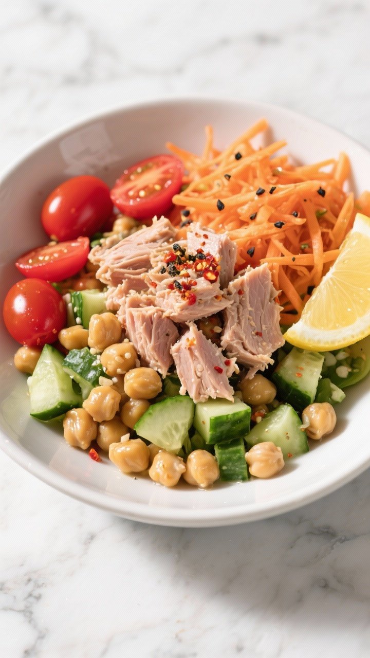 Overhead shot of a Spicy Chickpea Tuna Crunch Bowl in a wide white ceramic bowl: flaky tuna in water, rinsed chickpeas, chopped cucumbers, halved cherry tomatoes, and a pile of shredded carrot for crunch, sprinkled with cracked black pepper and a light chili flake dusting, lemon wedge on the side. Bright, fresh, high-contrast styling on a cool marble surface, minimal props, vibrant reds, greens, and golds, glossy vegetables and tender tuna, professional natural light.