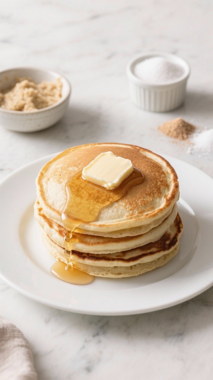 Overhead shot of a stack of fluffy sourdough discard pancakes on a white plate, melting pat of butter on top with maple syrup cascading down the sides; show a small bowl of sourdough discard, a ramekin of granulated sugar, and tiny piles of baking powder, baking soda, and fine salt in the background on a light marble surface; soft morning light highlighting airy crumb and golden edges.
