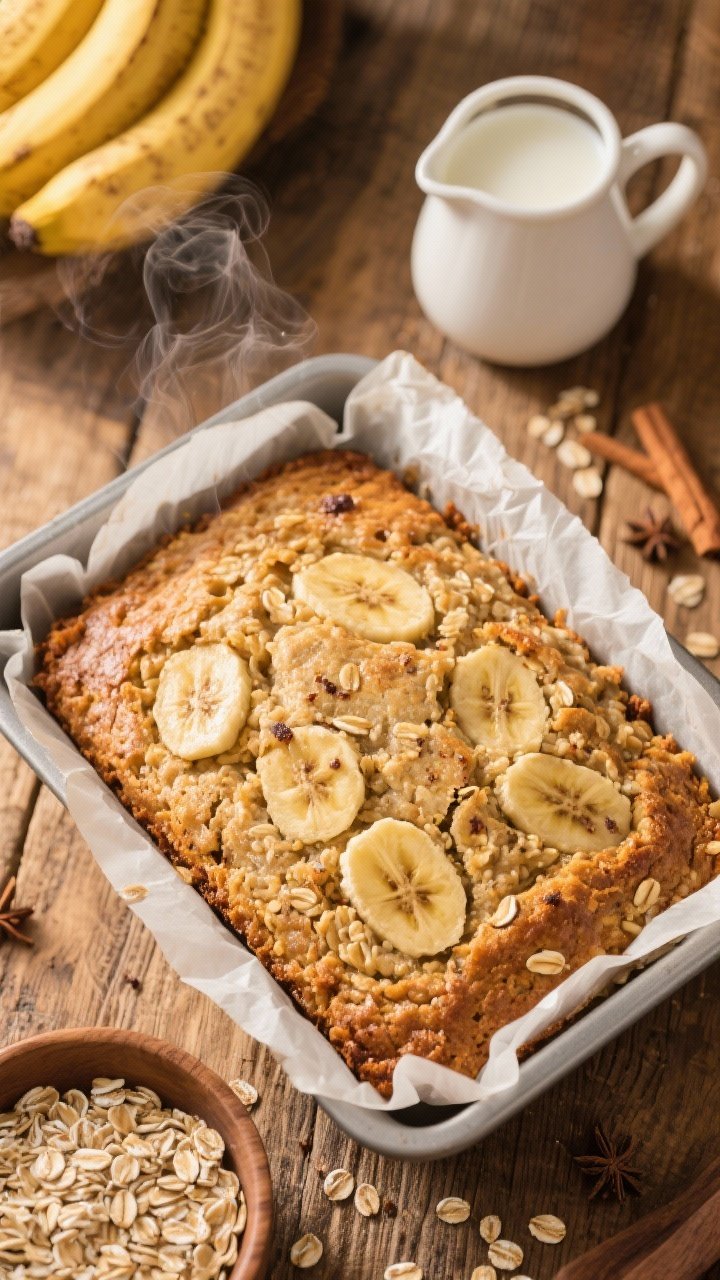 Overhead shot of banana bread baked oatmeal just out of the oven in a parchment-lined square pan, golden and slightly crackled top, visible slices of ripe banana nestled into the oat mixture, flecks of cinnamon and nutmeg, with a small pitcher of milk and a bowl of old-fashioned rolled oats nearby; warm morning light, rustic wooden surface, steam rising, no people.