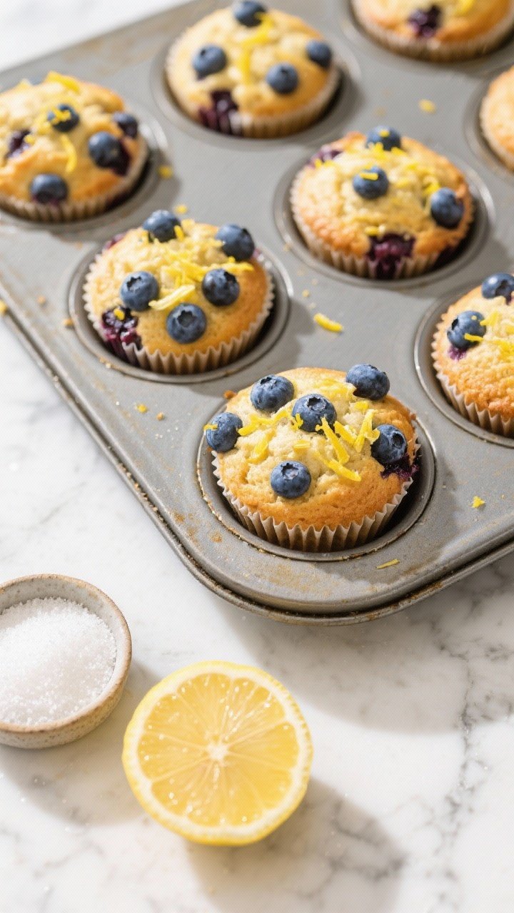 Overhead shot of blueberry lemon burst muffins cooling in a muffin tin on a bright marble surface, golden tops bursting with juicy blueberries and fine lemon zest sprinkled over, a small bowl of granulated sugar and a halved lemon nearby, ingredients hint: all-purpose flour, baking powder, baking soda, fine salt, sourdough discard, egg, neutral oil; sunny morning mood, crisp highlights, vibrant blues and yellows.