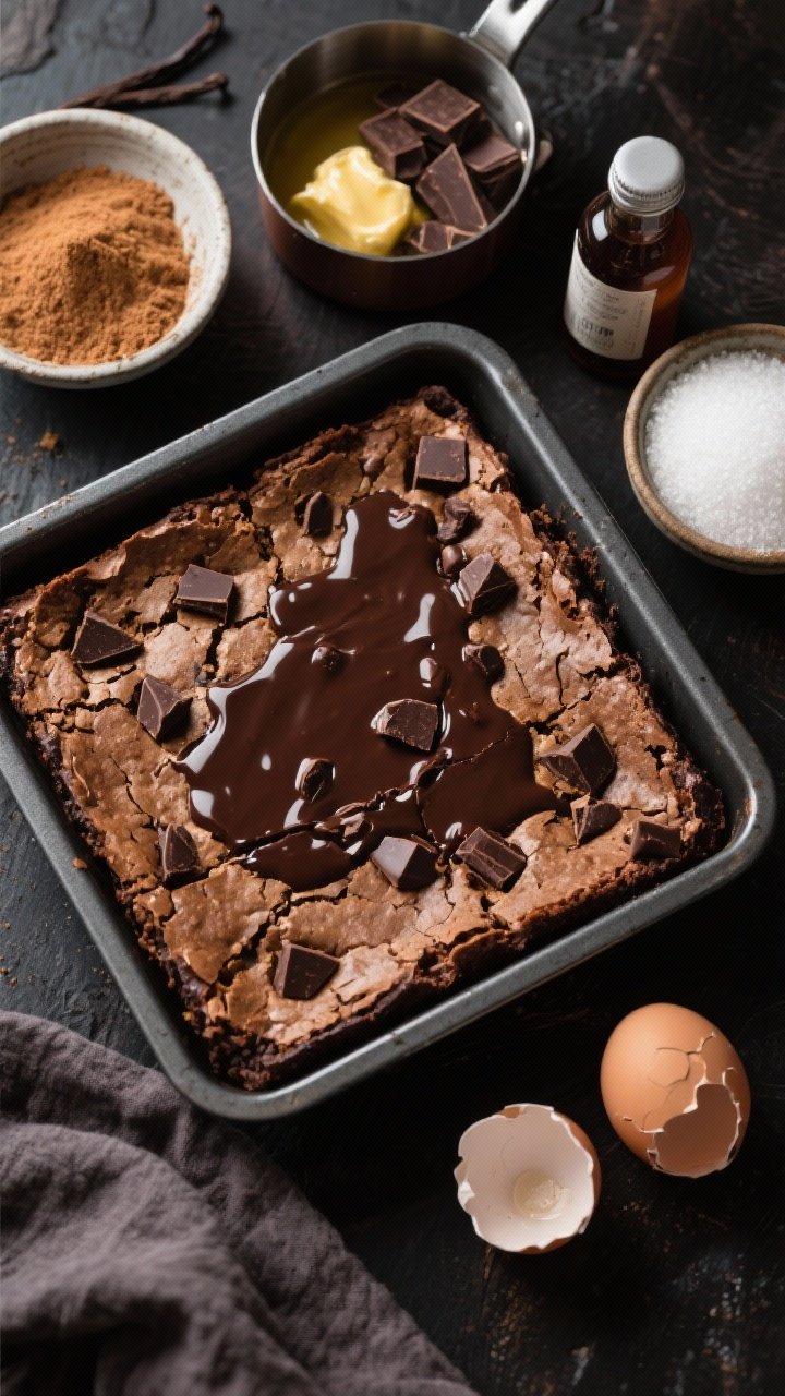 Overhead shot of chewy sourdough discard chocolate chunk brownies in a square pan, crackly top with large melted dark chocolate pools and visible chocolate chunks; a small saucepan with melted butter and chopped chocolate nearby, bowls of granulated sugar and brown sugar, vanilla extract bottle, and two cracked eggshells; rich, dark styling to heighten decadence.