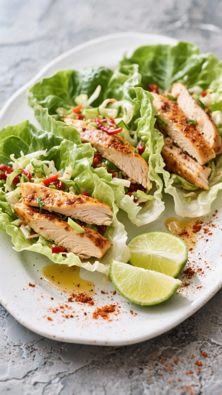 Overhead shot of Chili-Lime Chicken Lettuce Wraps: thinly sliced boneless skinless chicken breasts sautéed in avocado oil with chili powder, ground cumin, smoked paprika, garlic powder, and kosher salt, piled into crisp butter lettuce cups with a crunchy slaw, lime wedges on the side, a dusting of chili powder, and a light gloss from the pan juices; styled on a white ceramic platter over a textured slate surface, vibrant and zesty, no people.