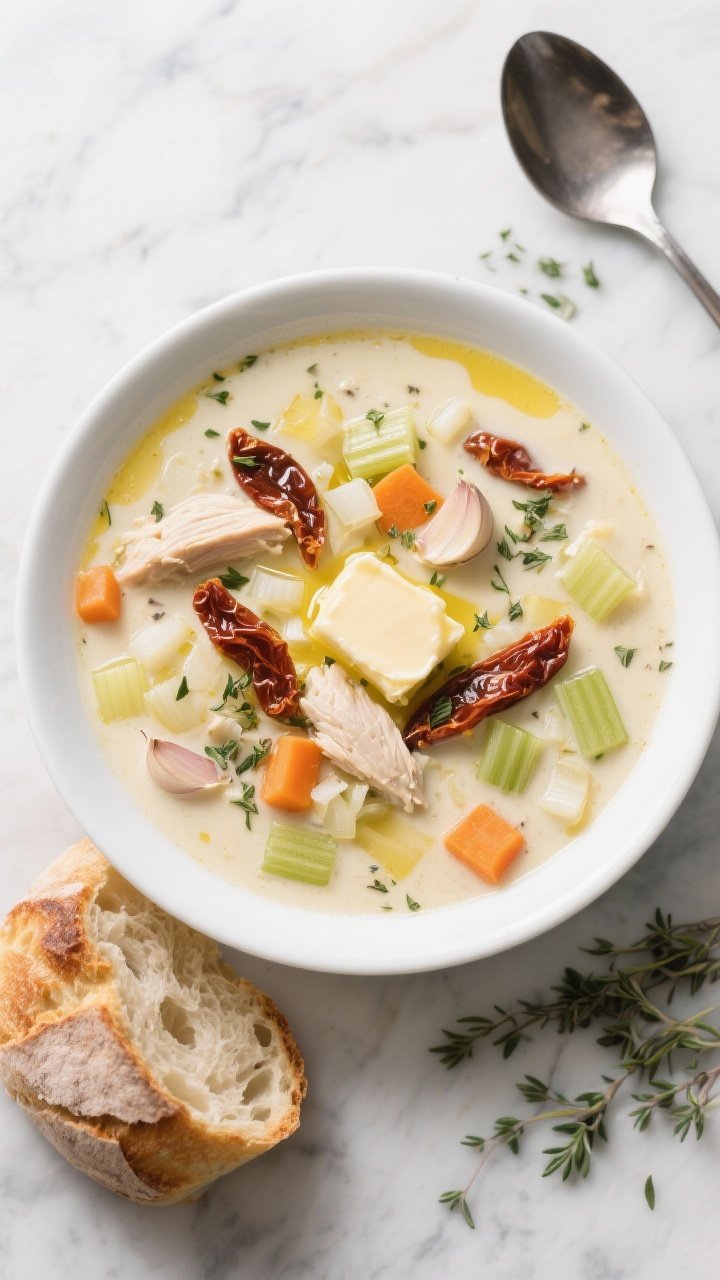 Overhead shot of Creamy Tuscan Chicken Soup in a wide white bowl: diced yellow onion, minced garlic, carrot and celery pieces visible in a rich cream base, flecks of dried oregano, ribbons of sun-dried tomatoes and tender chicken, finished with a glossy olive oil sheen and a pat of melting butter on warm crusty bread beside; styled on a marble surface with a spoon and scattered oregano.
