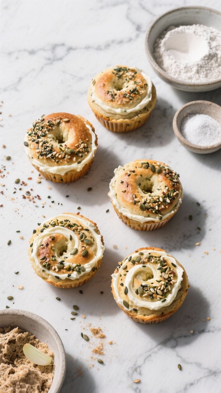 Overhead shot of savory everything bagel muffins swirled with cream cheese, topped generously with everything seasoning; nearby bowls of onion powder, baking powder, baking soda, and sourdough discard; clean slate surface, graphic sprinkle pattern, crisp shadows, emphasizing the swirl and seeded texture.