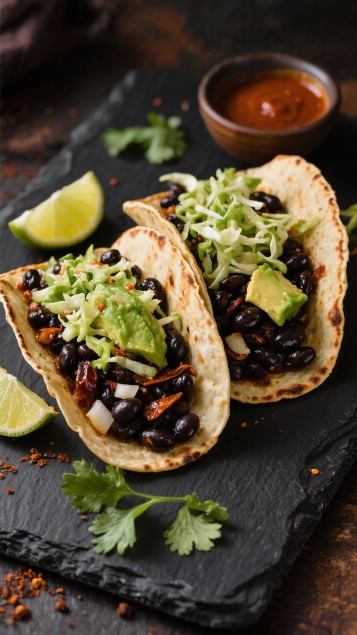 Overhead shot of smoky chipotle black bean tacos on a dark slate board: toasted corn tortillas filled with glossy black beans sautéed with finely chopped onion, minced garlic, ground cumin, smoked paprika, and minced chipotle in adobo; topped with a vibrant avocado-lime slaw (shredded cabbage with creamy avocado and lime), lime wedges and a sprinkle of cilantro on the side, a small bowl of chipotle sauce, warm moody lighting emphasizing the spicy, smoky Mexican street-food vibe.