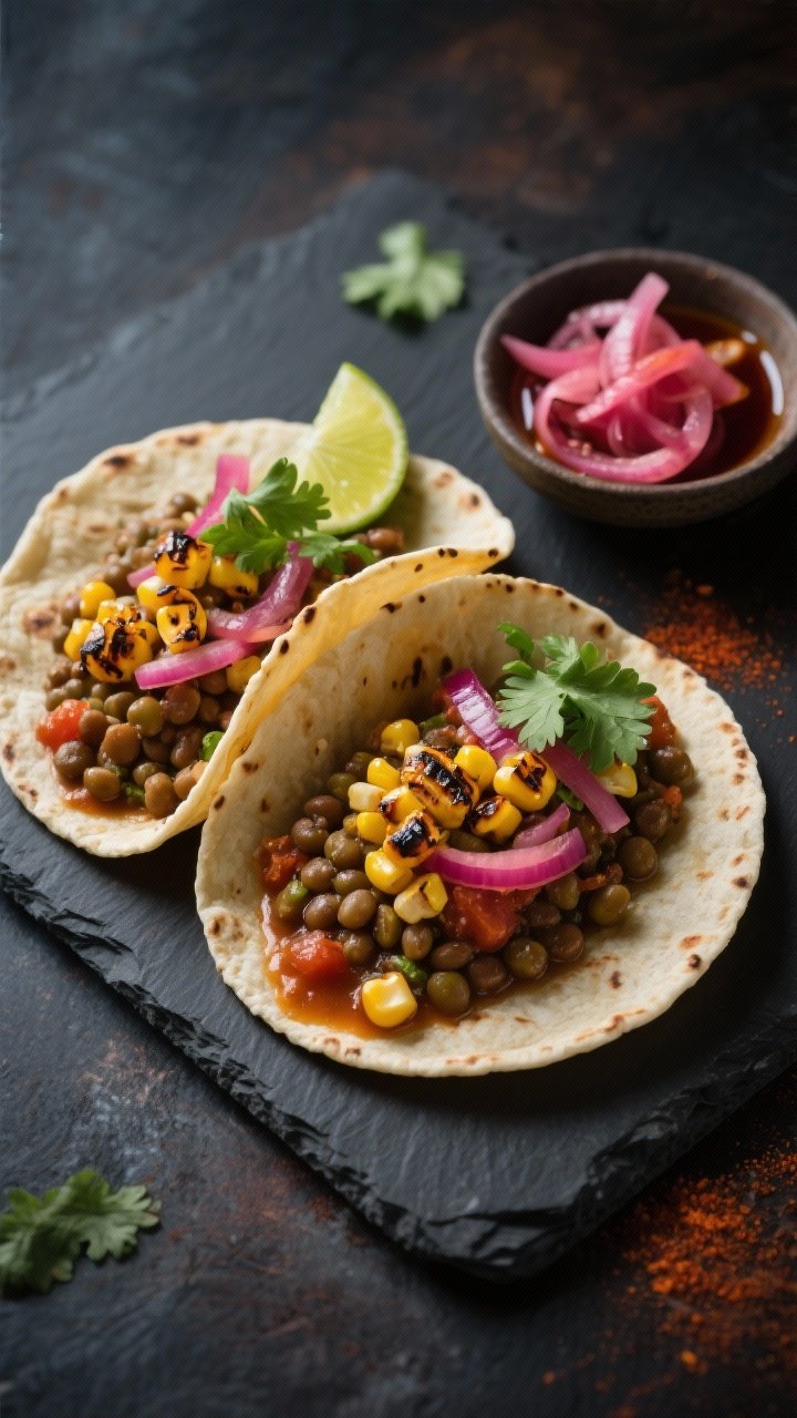 Overhead shot of smoky lentil tacos: soft corn tortillas filled with spiced brown/green lentils simmered in vegetable broth with tomato paste, smoked paprika, cumin; topped with charred corn kernels, quick-pickled red onions, fresh cilantro, and a lime wedge, styled on a dark slate with a small bowl of pickled onions and a smear of smoky chili oil; vibrant, moody lighting, crisp textures, no people.