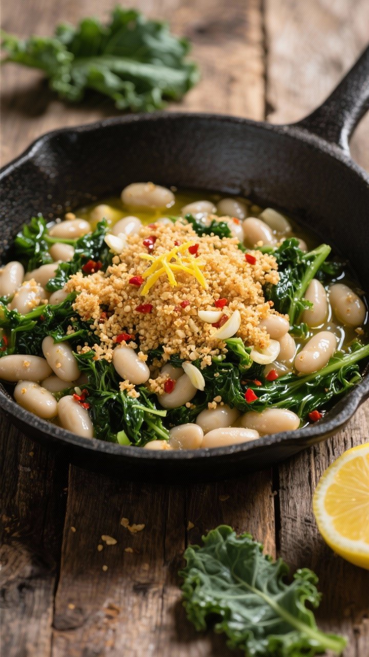 Overhead skillet scene: garlicky white beans and kale sautéed together until glossy, crowned with a golden layer of crispy whole-grain breadcrumbs tossed with lemon zest, red pepper flakes, and minced garlic, a drizzle of olive oil catching the light, served in a dark nonstick pan on a rustic wooden table, lemon half and a few kale leaves scattered around.