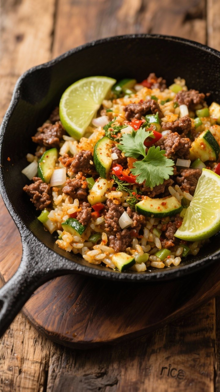 Overhead skillet shot of a weeknight taco beef and zucchini “rice” hash: crumbled ground beef with diced onion, garlic, chili powder, cumin, smoked paprika, dried oregano, and salt folded into finely chopped zucchini “rice,” glossy from olive oil; garnished with lime wedges and fresh cilantro on a matte black pan over a rustic wooden table, warm, vibrant Tex-Mex color palette.