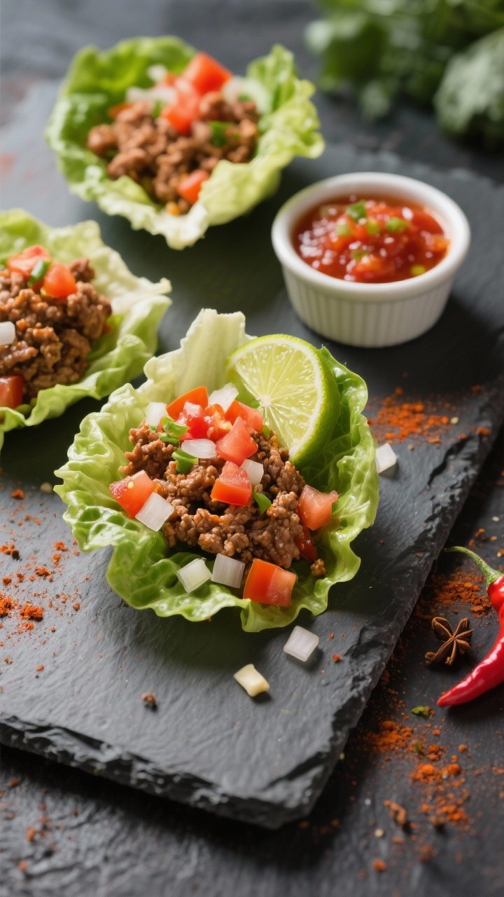 Overhead taco lettuce wraps on a slate board: crisp butter lettuce cups filled with zesty ground turkey seasoned with chili powder, cumin, smoked paprika, and tomato paste, dotted with finely chopped onion and minced garlic, garnished with diced tomato and a squeeze of lime, a small ramekin of salsa to the side, vibrant, street-food energy with bold colors.