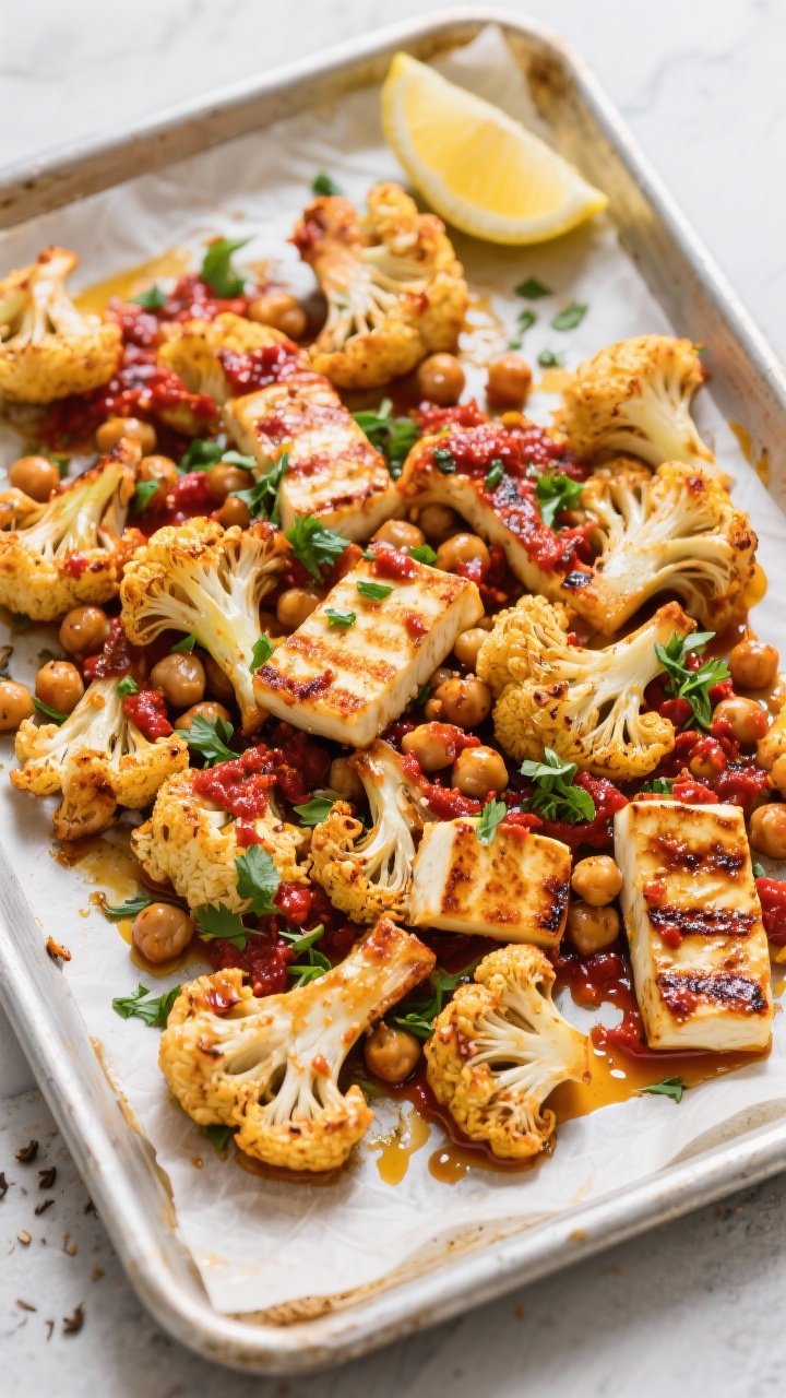 Overhead tray bake of Harissa Roasted Cauliflower and Halloumi: caramelized cauliflower florets and chickpeas tossed in harissa paste, olive oil, and ground coriander/cumin, with golden-edged halloumi cubes; charred, spicy-red gloss, scattered parsley and lemon wedges for brightness; presented on a parchment-lined sheet pan with roasted bits and oil puddles.