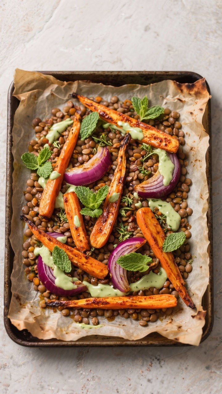 Overhead traybake: harissa-roasted carrot batons and red onion wedges, blistered and caramelized with olive oil, ground coriander, salt and pepper, scattered over a bed of cooked lentils; drizzled with pale green minted tahini and topped with fresh mint leaves; burned-edge parchment on a sheet pan, warm, earthy tones.