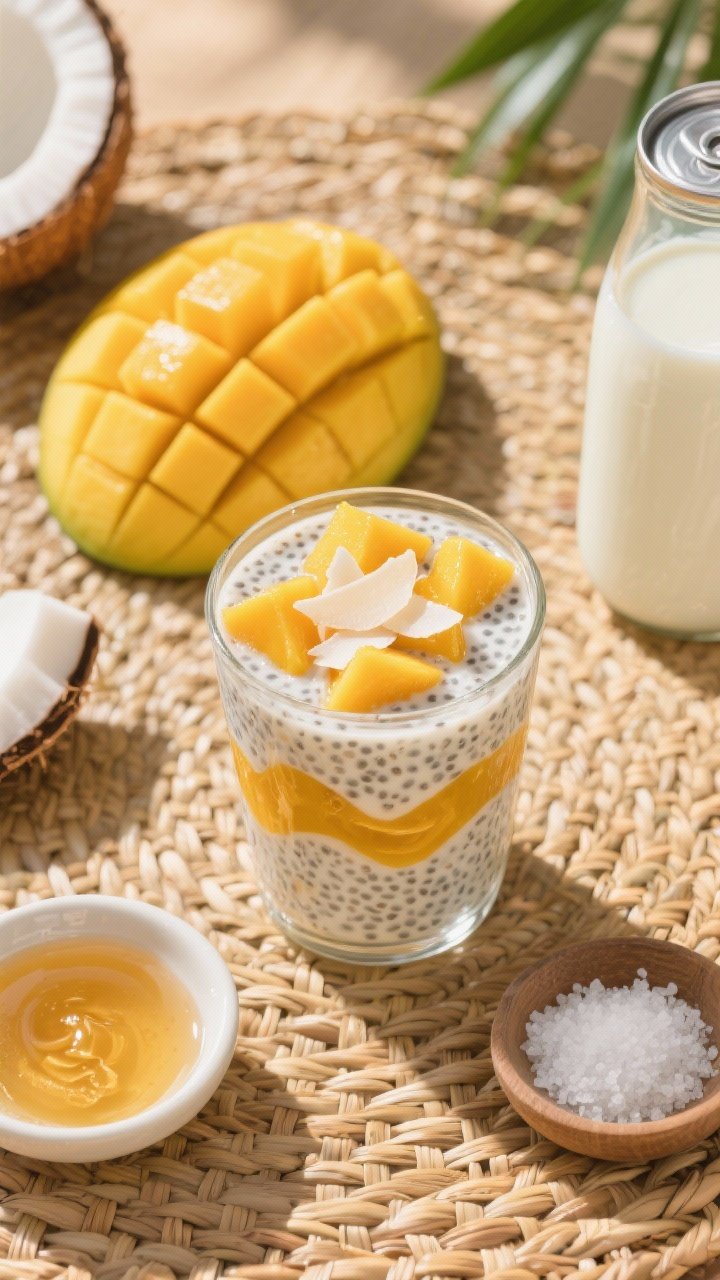 Overhead tropical flat lay: mango coconut chia pudding layered in a clear tumbler—creamy light coconut milk base with visible chia pearls, bright ripe mango cubes and puree swirled through, finished with a few coconut flakes; props include a halved mango with grid cuts, a can of light coconut milk, a small dish of honey, and a pinch bowl of sea salt on a sunlit rattan mat for vacation vibes.