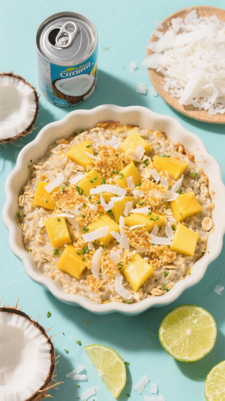 Overhead tropical ingredient-and-finish combo: a round baking dish of coconut mango baked oatmeal topped with golden toasted shredded coconut and vibrant mango cubes, lime zest finely grated over the surface; surrounding props include a can/carton of coconut milk, extra shredded coconut, and lime wedges; bright, sunny styling evoking tropical freshness.