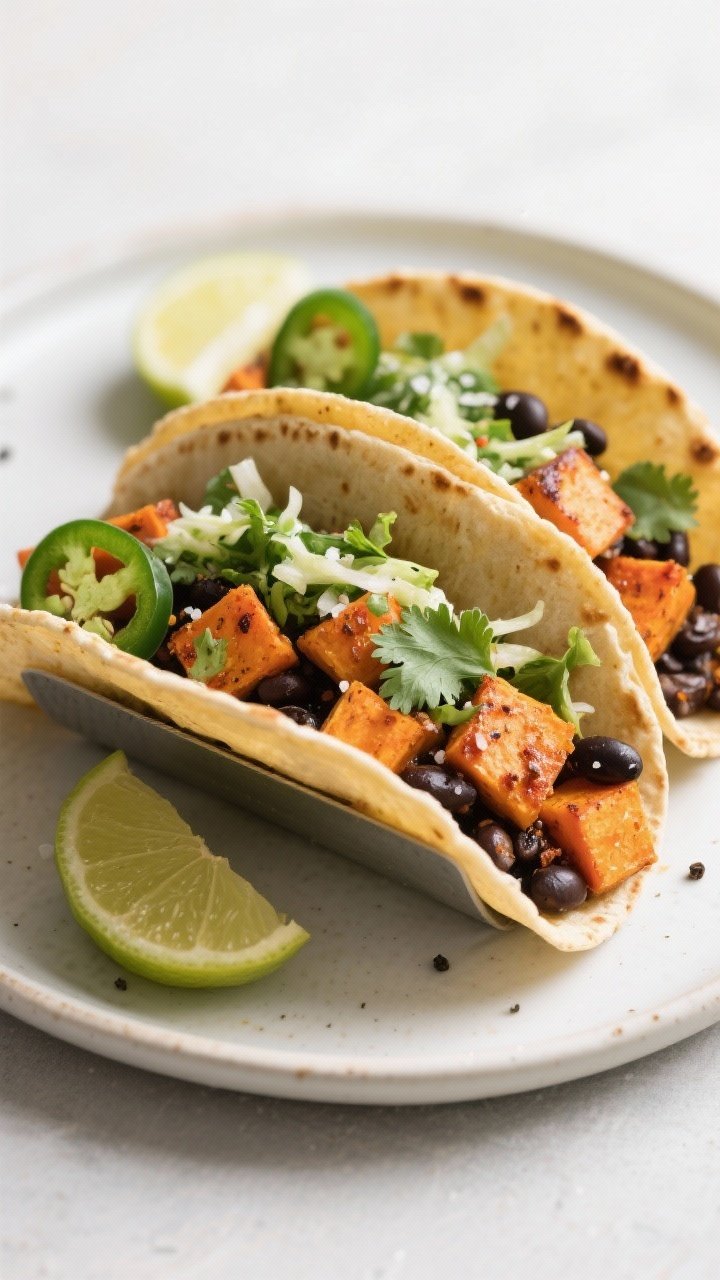 Plated baked sweet potato black bean tacos, straight-on: warm tortillas filled with roasted chili-cumin-smoked paprika sweet potato cubes, black beans, and a vibrant cilantro slaw, finished with a squeeze of lime, sprinkle of kosher salt and black pepper, and a few jalapeño slices, arranged in a taco holder, bright, fresh colors popping against a neutral background.