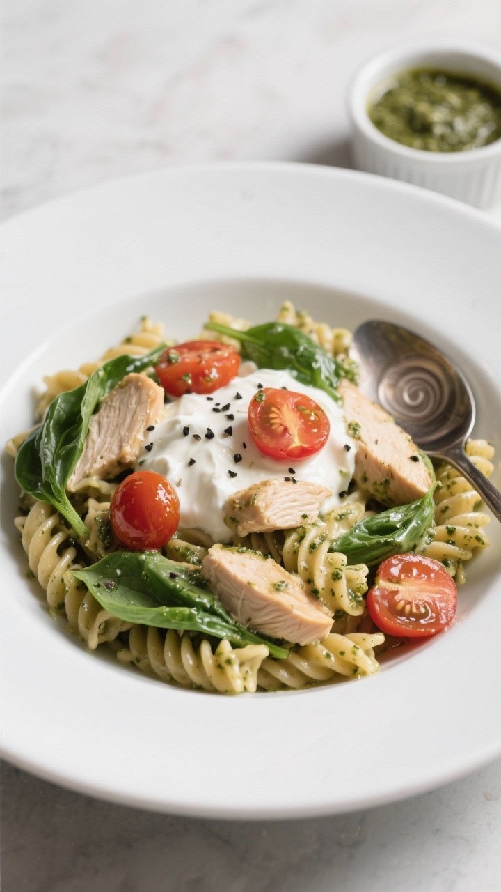 Plated creamy Greek yogurt pesto chicken pasta at 45 degrees: whole-wheat/high-protein pasta coated in a silky Greek yogurt pesto sauce, tender bite-size chicken pieces, burst cherry tomato halves, and wilted baby spinach ribbons; glossy sauce clinging to ridges, cracked black pepper on top; served in a wide white bowl with a spoon swirl and a small ramekin of pesto in the background.