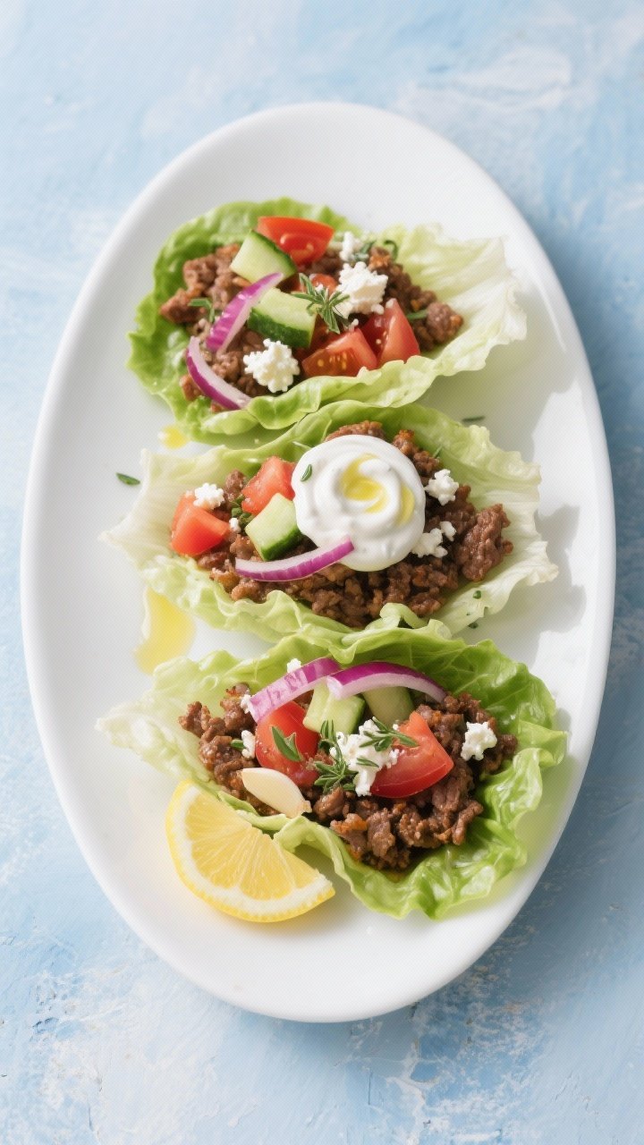 Plated Mediterranean presentation, straight-on angle: Greek-style beef lettuce wraps arranged on a white platter, butter lettuce leaves cradling seasoned ground beef sautéed with olive oil, oregano, a hint of cinnamon, and half the finely diced red onion and garlic; topped with remaining red onion, diced cucumber and tomato, crumbled feta, and a swirl of creamy feta tzatziki; drizzle of olive oil and lemon wedges, cool blue-and-white styling.